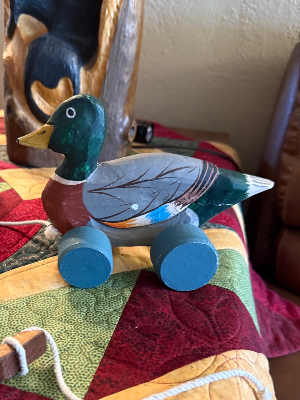 Vintage Hand-Painted Wooden Mallard Pull Toy Green/Brown/Blue